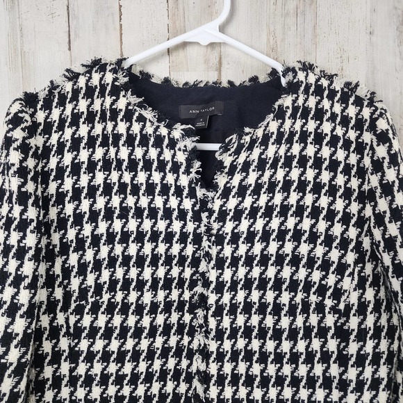 Ann Taylor Houndstooth Fringe Blazer Jacket Black White Size 4 - Picture 5 of 13